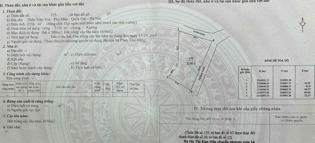 Bán 2156m2 Thổ cư giá 9,5tr/m2 20,4 tỷ Hà Nội
