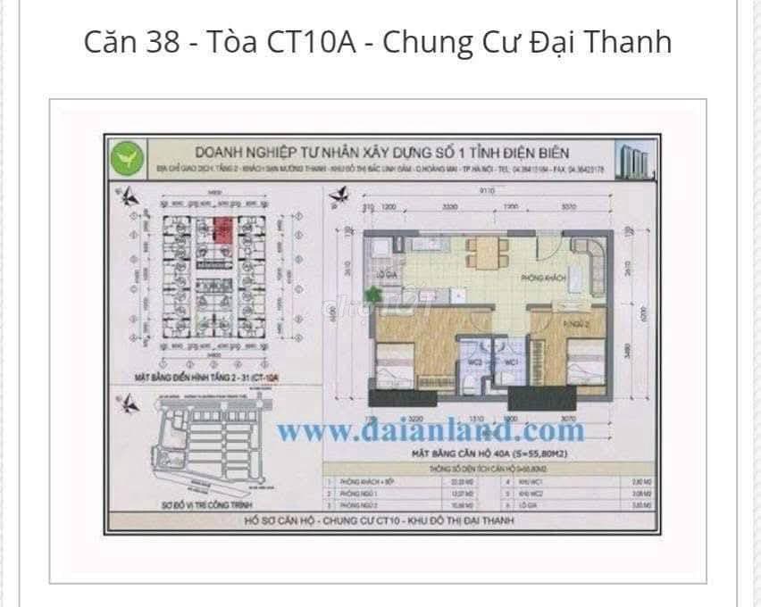 BÁN CĂN HỘ 2PN CT10A ĐẠI THANH – 56M² – SỔ HỒNG – GIÁ 3,85 TỶ