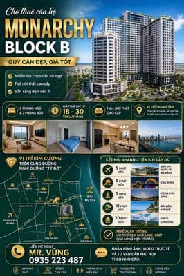 CHO THUÊ CĂN HỘ MONARCHY BLOCK B – QUỸ CĂN ĐẸP, GIÁ TỐT