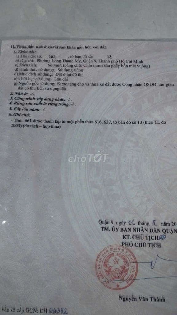 Bán đất chính chủ thổ cư mặt tiền 20m ngay Vinhomes quận 9