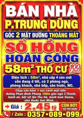 BÁN NHÀ TRUNG DŨNG, BIÊN HÒA GÓC 2 MẶT ĐƯỜNG THOÁNG MÁT SỔ HỒNG THỔ CƯ