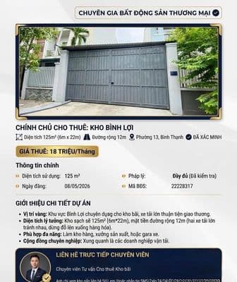 CHO THUÊ KHO 125 m2 (6 X 21) đường Bình Lợi, GIÁ KHO RẺ