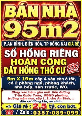 BÁN NHÀ P.AN BÌNH, BIÊN HÒA, TP ĐỒNG NAI GIÁ RẺ SỔ HỒNG 95m2 THỔ CƯ
