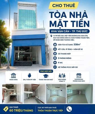 CHO THUÊ TÒA NHÀ MẶT TIỀN KHA VẠN CÂN – 4 TẦNG, THANG MÁY, HẦM XE