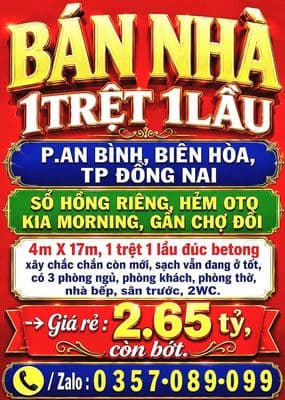 BÁN NHÀ 1TRỆT 1LẦU P.AN BÌNH, SỔ HỒNG, HẺM OTO KIA MORNING GẦN CHỢ ĐỒI