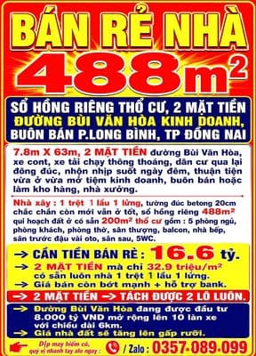 BÁN RẺ NHÀ 488m2 SỔ THỔ CƯ, 2 MẶT TIỀN ĐƯỜNG BÙI VĂN HÒA P.LONG BÌNH