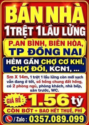 BÁN NHÀ P.AN BÌNH, 1TRỆT 1LẦU LỬNG, HẺM GẦN CHỢ CƠ KHÍ, CHỢ ĐỒI, KCN1