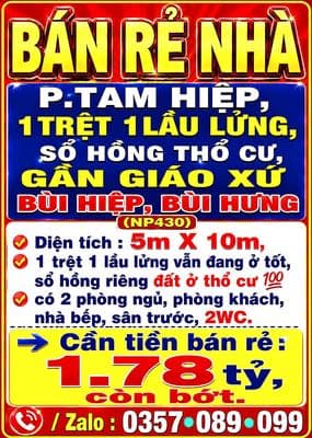 BÁN RẺ NHÀ TAM HIỆP, 1TRỆT 1LỬNG, SỔ HỒNG THỔ CƯ, GẦN GIÁO XỨ BÙI HIỆP