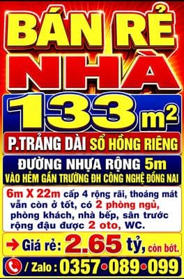 BÁN RẺ NHÀ 133m2 P.TRẢNG DÀI SỔ HỒNG RIÊNG ĐƯỜNG RỘNG 5m SÂN ĐẬU 2 OTO
