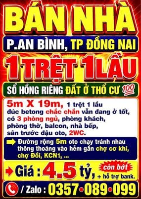 BÁN NHÀ P.AN BÌNH, 1TRỆT 1LẦU SỔ HỒNG THỔ CƯ ĐƯỜNG RỘNG 5m GẦN KCN1