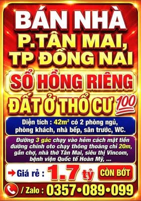 BÁN NHÀ P.TÂN MAI, SỔ HỒNG RIÊNG THỔ CƯ GẦN CHỢ, NHÀ THỜ, VINCOM