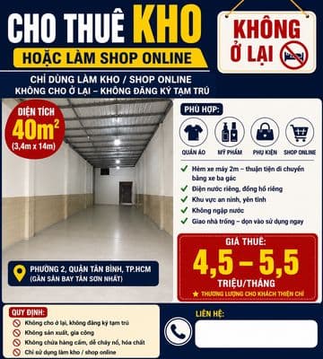 Cho thuê nhà làm shop online hoặc kho, Tân Bình.