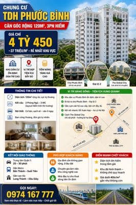 **CHUNG CƯ TDH PHƯỚC BÌNH – 120M², 3PN, GIÁ CHỈ 4 TỶ 450**