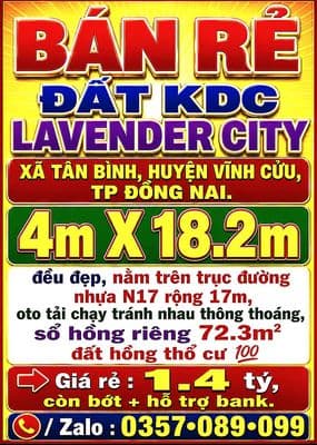BÁN RẺ ĐẤT KDC LAVENDER CITY XÃ TÂN BÌNH, HUYỆN VĨNH CỬU, TP ĐỒNG NAI
