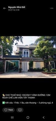 CHO THUÊ NHÀ 10X20M Y HÌNH ĐƯỜNG 12M NGAY CHẾ LAN VIÊN TÂY THẠNH