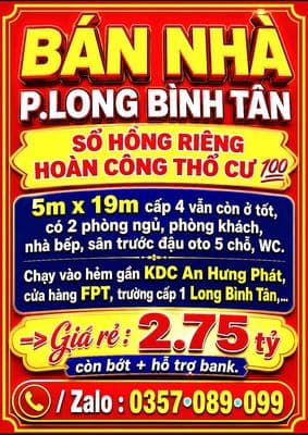 BÁN NHÀ LONG BÌNH TÂN, SỔ HỒNG HOÀN CÔNG THỔ CƯ ĐƯỜNG OTO, SÂN OTO
