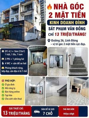 Nhà góc 2 mặt tiền – kinh doanh đỉnh sát phạm văn đồng chỉ 13 triệ