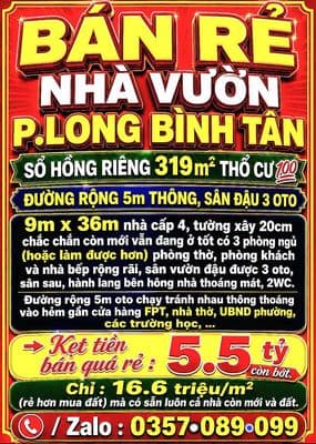 Bán rẻ nhà vườn long bình tân sổ hồng 319m2 thổ cư đường 5m sân oto