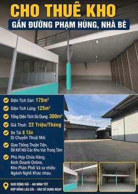 Cho thuê kho gần Phạm Hùng, Nhà Bè – 300m² sử dụng – xe tải 8 tấn