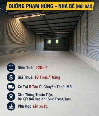 Cho thuê kho Phạm Hùng, 220m² – phù hợp sản xuất – giá 18 triệu