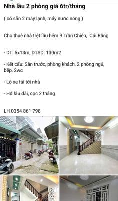Nhà hẻm 9 Trần Chiên cho thuê 6tr/tháng
