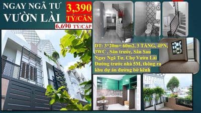 Ngã tư vườn lài - 60m2 đất, 3 tầng - 4pn- 3,390 tỷ.