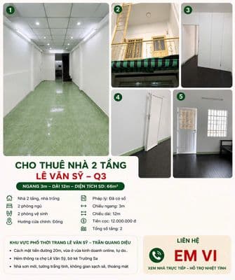 Thuê nc lê văn sỹ 4m cách đg chính 15m,q3 ,kd,vp,thời trang sầm uất