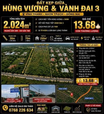Đất kẹp giữa Hùng Vương & Vành đai 3 • 2.024m² • 13.68