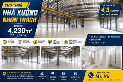 Cho thuê nhà xưởng taik KCN Nhơn Trạch Đồng Nai 4230m² giá 4,3 đô/m²