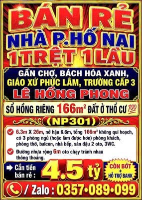 166m2 bán rẻ nhà hố nai, 1trệt 1lầu, gần giáo xứ phúc lâm sổ thổ cư