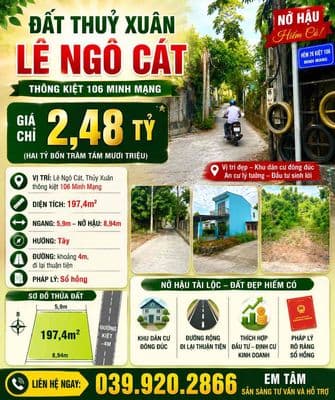 Đất Thuỷ Xuân - Lê Ngô Cát 198m giá chỉ 2tỷ 480tr