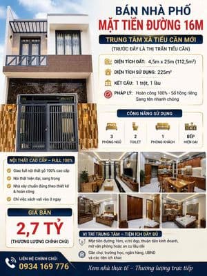 Chính chủ cần bán nhà 225m2 2.7 tỷ shr mt trung tâm xã tiểu cần mới