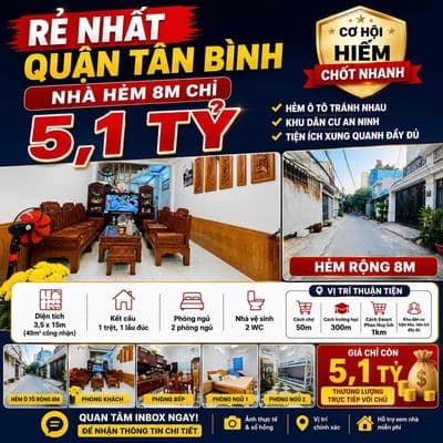 Rẻ nhất quận tân bình - nhà hẻm 8m chỉ 5,1 tỷ