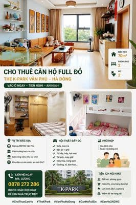 Cho thuê ngay căn hộ The K-Park Văn Phú – 70m², 2 ngủ 2WC full đồ