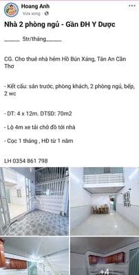 Nhà hẻm Hồ Bún Xáng cho thuê 5tr/tháng