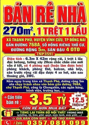 270m2, 1trệt 1lầu bán rẻ nhà gần chợ thạnh phú huyện vĩnh cửu đường 5m