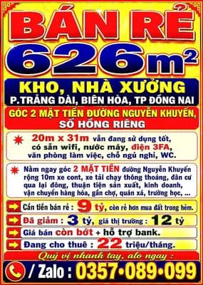 626m2 bán rẻ kho, nhà xưởng trảng dài, góc 2 mặt tiền nguyễn khuyến