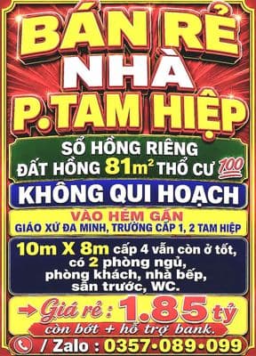 81m2 bán rẻ nhà tam hiệp, sổ hồng riêng thổ cư gần giáo xứ đa minh