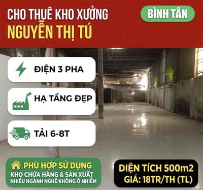𝐊𝐇𝐎: 500m2 18tr/th (tl), có văn phòng, Nguyễn Thị Tú- Bình Tân