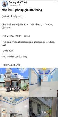 Nhà lầu 3 phòng cho thuê 8tr/tháng tại Cần Thơ