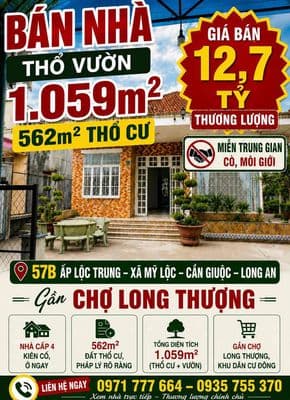 bán nhà đất 2059m2 thổ cư 562m2, tại Xã Mỹ Lộc, H Cần Giuộc, Long An