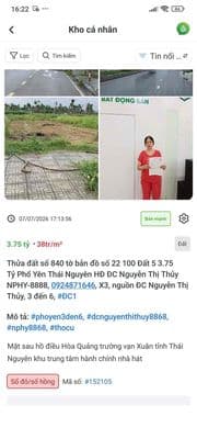 Bán đất chính chủ 100m² mặt sau Hồ Điều Hòa Quang Trung – Phổ Yên