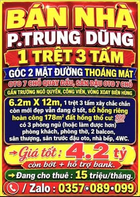 Bán nhà trung dũng, 1 trệt 3 tấm, góc 2 mặt đường oto, sân đậu oto