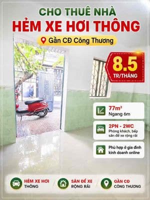 (8.5tr) Cho thuê nhà hẻm e hơi thông 77m2, 2pn, gần CĐ Công Thương