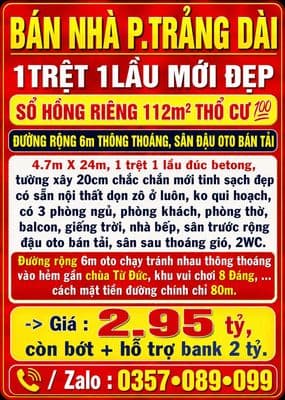 Bán nhà trảng dài, 1trệt 1lầu mới đẹp sổ thổ cư đường rộng 6m thông