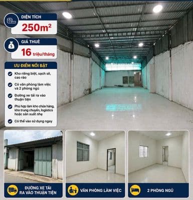 Cho thuê kho Nguyễn Hữu Thọ, 250m² – có văn phòng xe tải thuận tiện