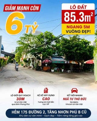 Giảm mạnh còn 6 tỷ – lô đất 85.3m², ngang 5m vuông đẹp!