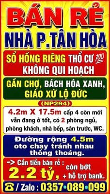 Bán rẻ nhà p.tân hòa, sổ hồng thổ cư gần chợ lộ đức, bách hóa xanh