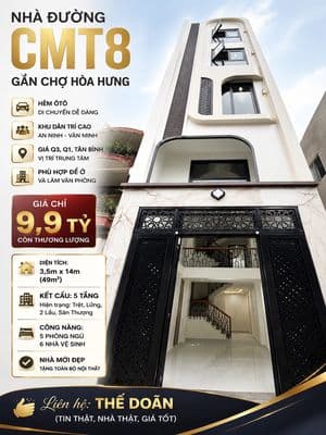 Nhà CMT8 gần chợ Hòa Hưng, hẻm ôtô, khu dân trí, giá Q3, Q1, Tân Bình