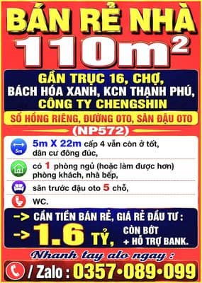 110m2 bán rẻ nhà gần chợ, kcn thạnh phú, c.ty changshin sổ hồng, đ.oto